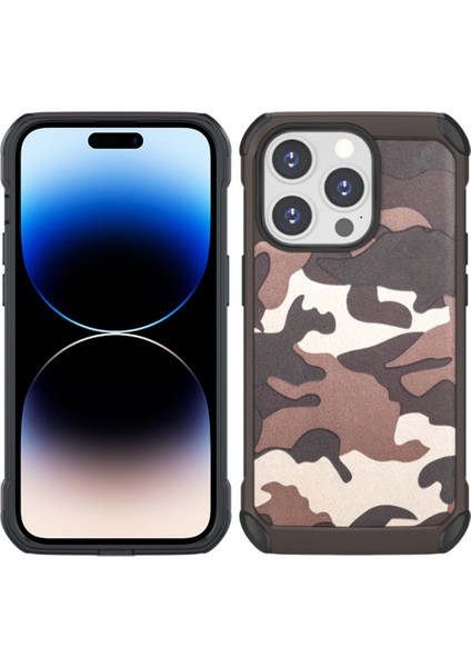 Iphone 14 Pro Telefon Kılıfı 6.1 Inç Kamuflaj Pu Deri Kaplamalı Telefon Arka Kapak Airgag Abs+Pc Koruyucu Koruma Kahverengi (Yurt Dışından)