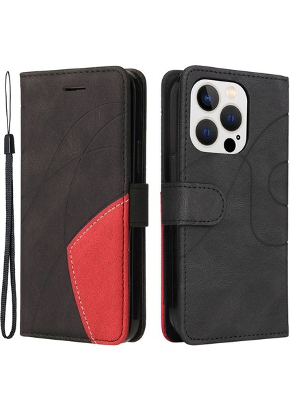 Iphone 14 Pro Telefon Kılıfı 6.1 Inç Cüzdan Stand Şok Geçirmez Çift Renkli Ekleme Pu Deri Tpu Kapak-Black (Yurt Dışından)
