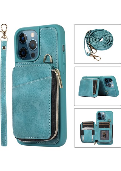 Iphone 14 Pro 14 Pro Telefon Kılıf Torba Tasarımı Kickstand Kapak Damla Kanıtı Pu Deri Kaplamalı Tpu El ve Omuz Kayış Yeşili (Yurt Dışından)