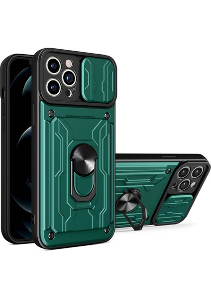 Iphone 14 Pro Telefon Kılıfı Için 6.1 Inç Slayt Lens Kapak Kickstand Pc+Tpu Kabuk Kartı Tutucu Şok Geçirmez Telefon Kasa-Karanlık Yeşil (Yurt Dışından)