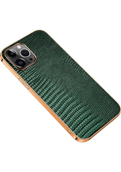 Iphone 14 Pro Fone Case Anti-Fall Elektrokaplama Şok Geçirmez Kasa Orijinal Deri Kaplamalı Tpu Kertenkele Doku Yeşili ile Arka Kapak (Yurt Dışından)