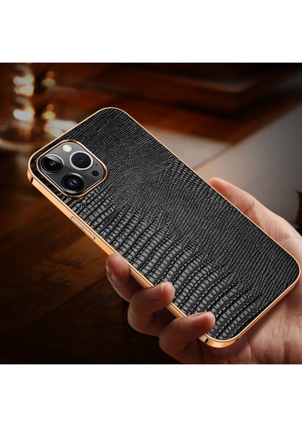 Iphone 14 Pro Fone Case Anti-Fall Elektrokaplama Şok Geçirmez Kasa Orijinal Deri Kaplamalı Tpu Kertenkele Doku Yeşili ile Arka Kapak (Yurt Dışından)