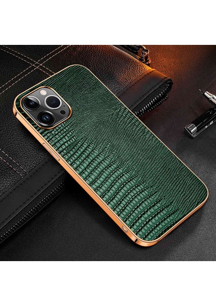 Iphone 14 Pro Fone Case Anti-Fall Elektrokaplama Şok Geçirmez Kasa Orijinal Deri Kaplamalı Tpu Kertenkele Doku Yeşili ile Arka Kapak (Yurt Dışından)