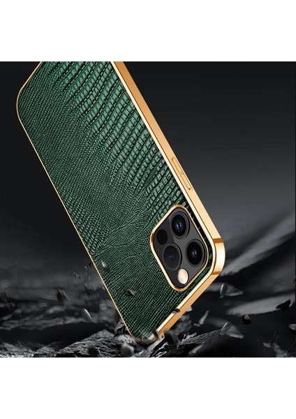 Iphone 14 Pro Fone Case Anti-Fall Elektrokaplama Şok Geçirmez Kasa Orijinal Deri Kaplamalı Tpu Kertenkele Doku Yeşili ile Arka Kapak (Yurt Dışından)