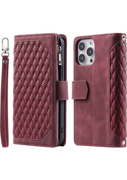 Iphone 14 Pro Telefon Kılıfı Için 6.1 Inç Fermuarlı Cep Telefonu Kapağı Rhombus Izgara Dokusu Anti-Çizik Pu Deri Deri Deri Cüzdan Standı Case-Dark Kırmızı (Yurt Dışından)