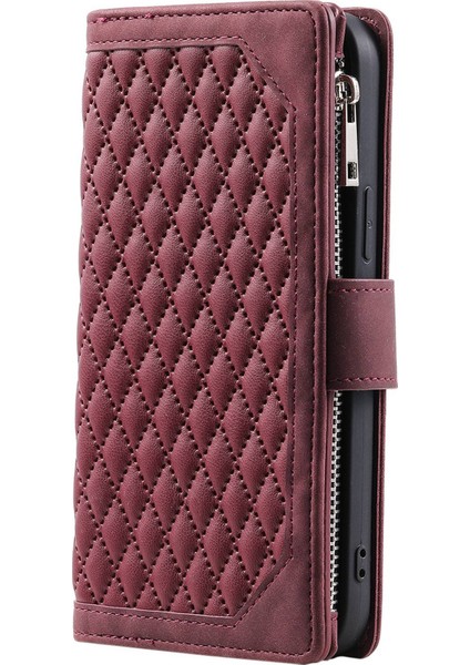 Iphone 14 Pro Telefon Kılıfı Için 6.1 Inç Fermuarlı Cep Telefonu Kapağı Rhombus Izgara Dokusu Anti-Çizik Pu Deri Deri Deri Cüzdan Standı Case-Dark Kırmızı (Yurt Dışından) fiyatları
