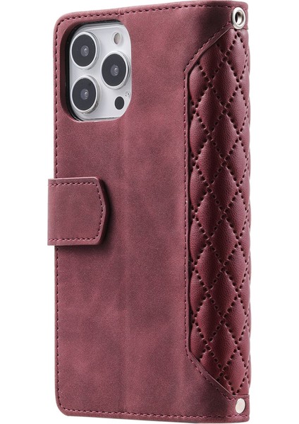 Iphone 14 Pro Telefon Kılıfı Için 6.1 Inç Fermuarlı Cep Telefonu Kapağı Rhombus Izgara Dokusu Anti-Çizik Pu Deri Deri Deri Cüzdan Standı Case-Dark Kırmızı (Yurt Dışından) modelleri