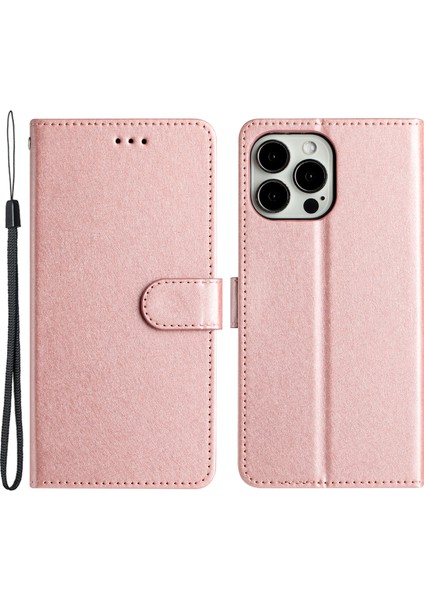 Iphone 14 Pro 14 Için Telefon Kılıfı Telefon Kapağı Ipek Doku Kapak Kılıfı Pu Deri Cüzdan Stand Kabuğu Bilek Kayış Rose Altın (Yurt Dışından)