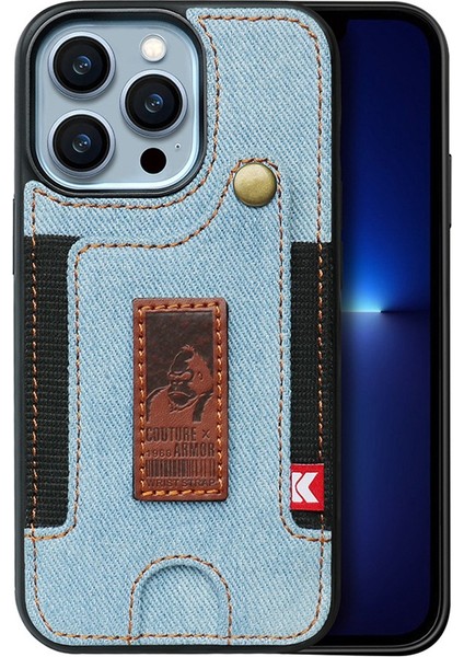 Iphone 14 Pro Telefon Kılıfı 6.1 Inç Kot Bez+Deri Kaplı Tpu Arka Kapak Kartı Yuvası Işlevi El Kayış Işığı Mavi (Yurt Dışından)