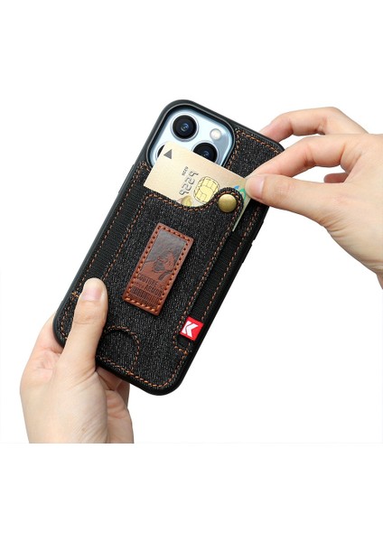 Iphone 14 Pro Telefon Kılıfı 6.1 Inç Kot Bez+Deri Kaplı Tpu Arka Kapak Kartı Yuvası Işlevi El Kayış Işığı Mavi (Yurt Dışından)
