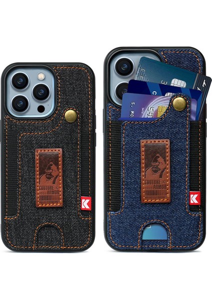 Iphone 14 Pro Telefon Kılıfı 6.1 Inç Kot Bez+Deri Kaplı Tpu Arka Kapak Kartı Yuvası Işlevi El Kayış Işığı Mavi (Yurt Dışından)