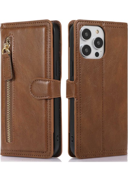 Iphone 14 Pro Telefon Kılıfı Için Çizgi Anti-Çizgi Fermuar Pocket Şok Pu Pu Deri Deri Telefon Flip Cüzdan Kapak Standı Manyetik Toka-Brown (Yurt Dışından)