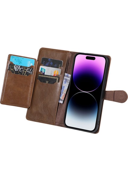 Iphone 14 Pro Telefon Kılıfı Için Çizgi Anti-Çizgi Fermuar Pocket Şok Pu Pu Deri Deri Telefon Flip Cüzdan Kapak Standı Manyetik Toka-Brown (Yurt Dışından) modelleri