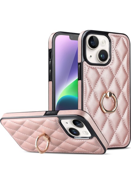 Iphone 14 Telefon Kasası Pu Deri+Tpu Baskılı Rhombus Izgara Desen Yüzük Tutucu Kickstand Telefon Kapak Çizgi Altın (Yurt Dışından)