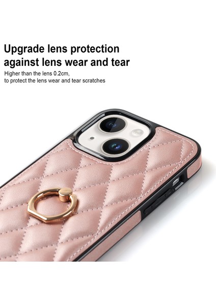 Iphone 14 Telefon Kasası Pu Deri+Tpu Baskılı Rhombus Izgara Desen Yüzük Tutucu Kickstand Telefon Kapak Çizgi Altın (Yurt Dışından) fırsatları