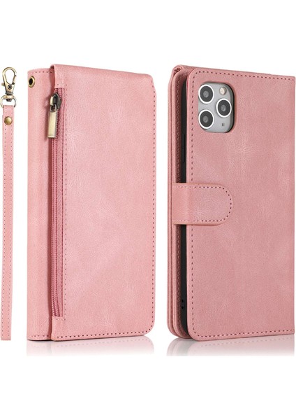 Iphone 14 Pro Telefon Kılıfı 6.1 Inç Fermuar Cep Deri Touch Çoklu Kart Yuvaları Pu Deri Cüzdan Stand Telefon Kapağı El Strap-Rose Altın (Yurt Dışından)