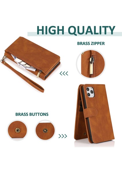 Iphone 14 Pro Telefon Kılıfı 6.1 Inç Fermuar Cep Deri Touch Çoklu Kart Yuvaları Pu Deri Cüzdan Stand Telefon Kapağı El Strap-Rose Altın (Yurt Dışından)
