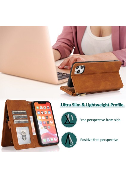 Iphone 14 Pro Telefon Kılıfı 6.1 Inç Fermuar Cep Deri Touch Çoklu Kart Yuvaları Pu Deri Cüzdan Stand Telefon Kapağı El Strap-Rose Altın (Yurt Dışından)