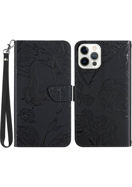 Iphone 14 Pro Flo Telefon Kasası 6.1 Inç Kelebek Çiçekler Baskılı Stand Deri Kılıf Cüzdanı Telefon Kapağı Kullanışlı Kayış-Siyah (Yurt Dışından)