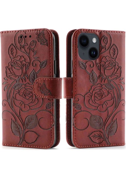 Iphone 14 Telefon Kasası Şok Geçirmez Basılı Güller Anti-Çizik Pu Deri Cüzdan Kapağı Standı Telefon Kabuk-Kahverengi (Yurt Dışından)