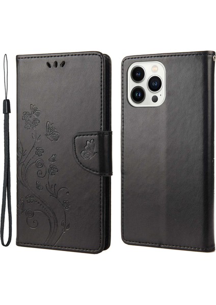 Iphone 14 Pro Telefon Kılıfı 6.1 Inç Önleme Önleme Önleyici Çiçek Kelebekleri Deri Mobil Cüzdan Standı Kapak-Black (Yurt Dışından)