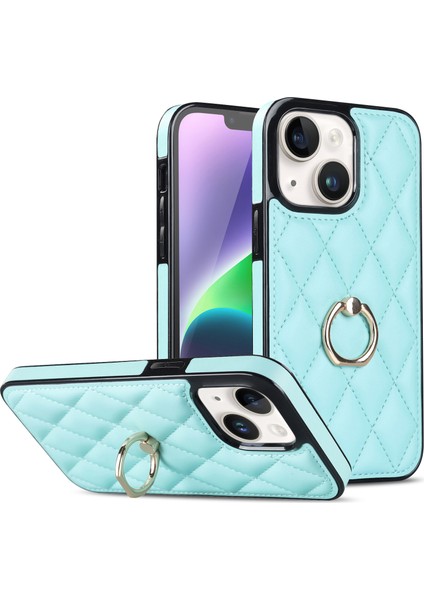 Iphone 14 Telefon Kasası Pu Deri+Tpu Baskılı Rhombus Izgara Desen Yüzük Tutucu Kickstand Telefon Kapak Işık Mavi (Yurt Dışından)