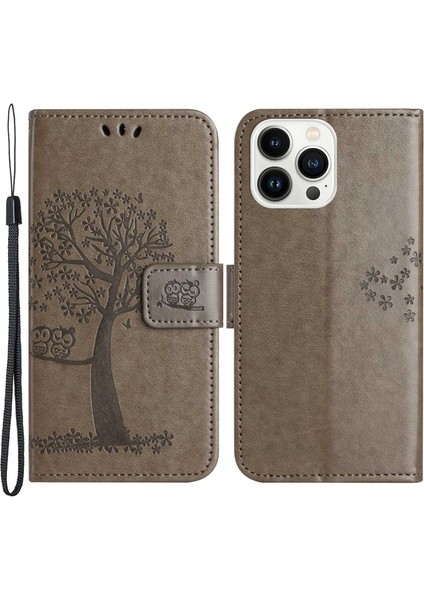 Iphone 14 Pro Telefon Kılıfı Için 6.1 Inç Anti-Güz Pu Deri Kabuk Baskılı Baykuş Ağacı Desen Cüzdan Stand Özellik Kabuğu Bilek Kayış Grey (Yurt Dışından)