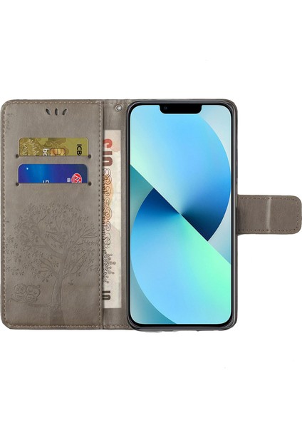 Iphone 14 Pro Telefon Kılıfı Için 6.1 Inç Anti-Güz Pu Deri Kabuk Baskılı Baykuş Ağacı Desen Cüzdan Stand Özellik Kabuğu Bilek Kayış Grey (Yurt Dışından)