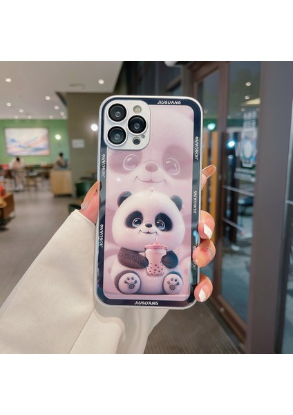 Iphone 14 Pro 14 Pro Telefon Kılıf Deseni Baskı Süt Tea Panda Temperli Cam+Tpu Lens Film-Silver (Yurt Dışından)