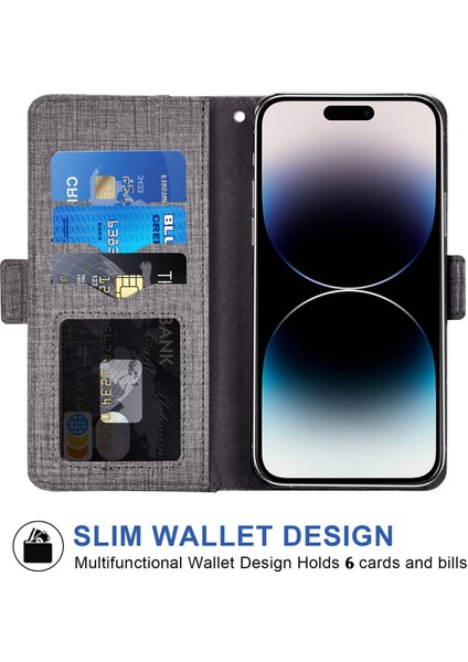 Iphone 14 Pro Telefon Kasası Hücre Kot Pantolon Dokusu Pu Deri Cüzdan Stant Kapağı Dönen Kart Yuvası-Gri (Yurt Dışından)