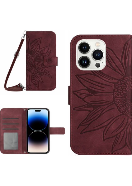 Iphone 14 Pro Telefon Kılıfı Için Baskılı Sunflower HT04 Stand Cüzdan Cilt Touch Pu Deri Iç Tpu Kapak Omuz Askılı-Karanlık Kırmızı (Yurt Dışından)