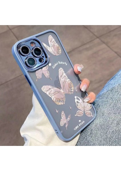 Iphone 14 Pro Glittery Powder Decor Shell Platinum Kelebek Cam+Tpu Kasa Telefon Kapak Blue (Yurt Dışından)