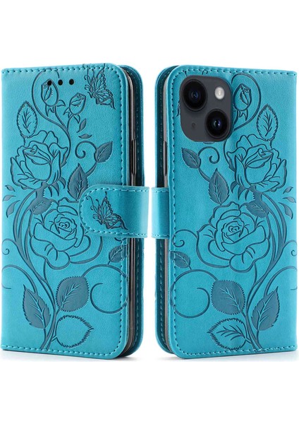 Iphone 14 Telefon Kasası Şok Geçirmez Basılı Güller Ön Çizgiye Karşı Pu Deri Cüzdan Kapağı Standı Telefon Kabuk-Mavisi (Yurt Dışından)