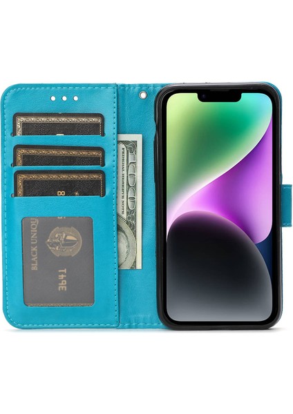 Iphone 14 Telefon Kasası Şok Geçirmez Basılı Güller Ön Çizgiye Karşı Pu Deri Cüzdan Kapağı Standı Telefon Kabuk-Mavisi (Yurt Dışından) fiyatları