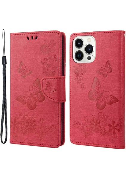 Iphone 14 Pro Telefon Kılıf Hücre Çantası 6.1 Inç Büyük Kelebekler Çiçek Deseni Desresit Stand Cüzdan Flip Manyetik Telefon Kapak-Kırmızı (Yurt Dışından)