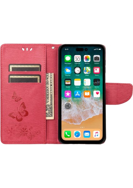 Iphone 14 Pro Telefon Kılıf Hücre Çantası 6.1 Inç Büyük Kelebekler Çiçek Deseni Desresit Stand Cüzdan Flip Manyetik Telefon Kapak-Kırmızı (Yurt Dışından)
