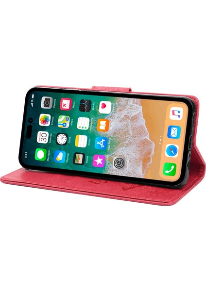 Iphone 14 Pro Telefon Kılıf Hücre Çantası 6.1 Inç Büyük Kelebekler Çiçek Deseni Desresit Stand Cüzdan Flip Manyetik Telefon Kapak-Kırmızı (Yurt Dışından)