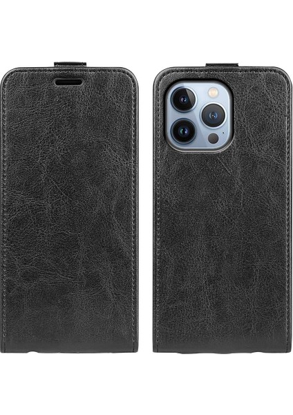 Iphone 14 Pro Telefon Kılıfı Için 6.1 Inç Dikey Flip-Raroof Kapağı Çılgın At Dokusu Pu Deri Hücre Kart Tutucu-Siyah ile (Yurt Dışından)