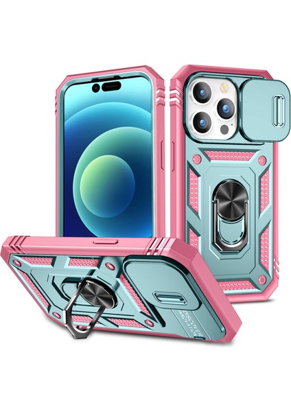 Iphone 14 Pro Telefon Kılıfı 6.1 Inç Aşınmaya Dayanıklı Pc+Tpu Sürgülü Kamera Lens Kapak Tasarım Kickstand/card Slot-Green/pink ile Şok Önleme Kılıfı (Yurt Dışından)