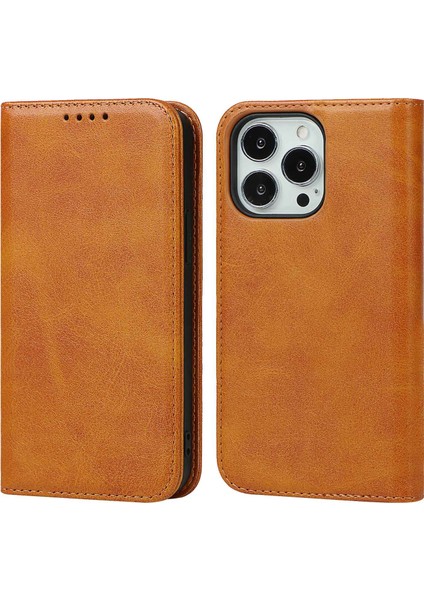 Iphone 14 Pro 14 Pro Telefon Kılıfı Buzağı Dokusu Pu Deri Deri Cüzdan Kılıfı Manyetik Otomatik Absorbed Şok Geçirmez Flip Standı Kapak Işık Kahverengi (Yurt Dışından)