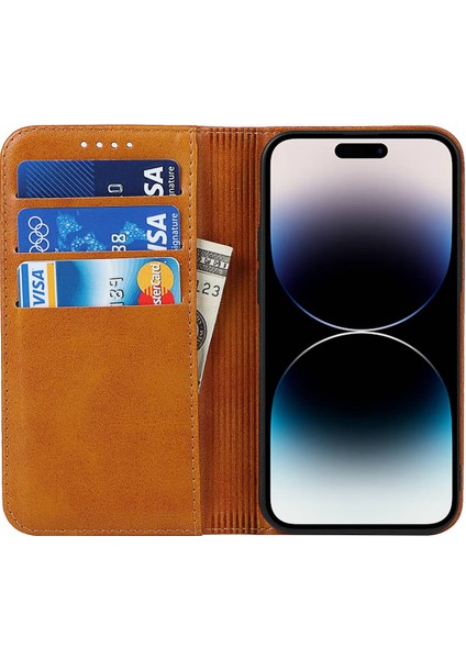 Iphone 14 Pro 14 Pro Telefon Kılıfı Buzağı Dokusu Pu Deri Deri Cüzdan Kılıfı Manyetik Otomatik Absorbed Şok Geçirmez Flip Standı Kapak Işık Kahverengi (Yurt Dışından) fiyatları