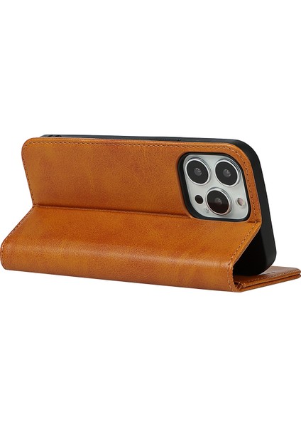 Iphone 14 Pro 14 Pro Telefon Kılıfı Buzağı Dokusu Pu Deri Deri Cüzdan Kılıfı Manyetik Otomatik Absorbed Şok Geçirmez Flip Standı Kapak Işık Kahverengi (Yurt Dışından) fırsatları