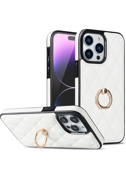 Iphone 14 Pro 14 Pro Telefon Kılıf Tutucu Için Kickstand Pu Deri Kaplamalı Tpu Rhombus Izgara Deseni Baskılı Anti-Çizelge Geri Kapak-Beyaz (Yurt Dışından)