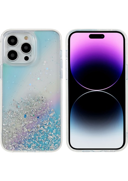 Iphone 14 Pro Glittery Decor Tasarım Koruyucu Kılıf Pc+Tpu Kıçılama Anti-Cract Cover-Blue (Yurt Dışından)