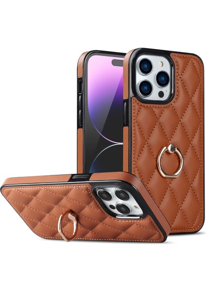 Iphone 14 Pro 14 Pro Telefon Kılıf Tutucu Için Kickstand Pu Deri Kaplamalı Tpu Rhombus Izgara Deseni Baskılı Anti-Çizelge Geri Kapak Kahverengi (Yurt Dışından)
