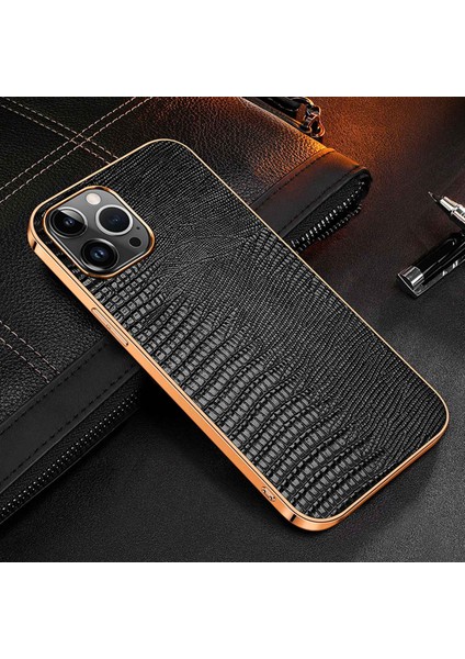 Iphone 14 Pro Fone Case Anti-Fall Elektraplama Şok Geçirmez Kasa Orijinal Deri Kaplamalı Tpu Kertenkele Texture-Black ile Arka Kapak (Yurt Dışından)