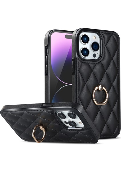 Iphone 14 Pro 14 Pro Phone Case Halka Tutucu Kickstand Pu Deri Kaplamalı Tpu Rhombus Izgara Deseni Baskılı Anti-Çizelge Arka Kapak Black (Yurt Dışından)