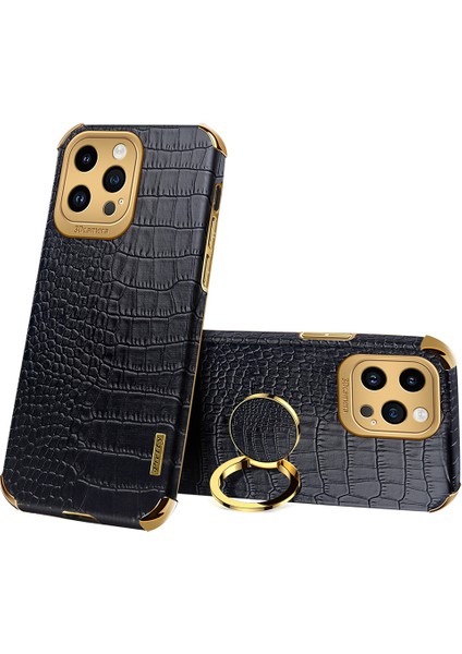 Iphone 14 Pro Telefon Kılıfı Için 6d Elektroklokal Kickstand Pu Deri+Tpu Timsah Doku Arka Kapak Black (Yurt Dışından)