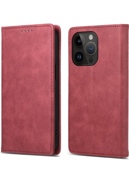Iphone 14 Pro Deri Telefon Kılıfı Koruyucusu Için Df-05 Rfıd Engelleme Cüzdan Standı Kabuk-Kırmızısı (Yurt Dışından)