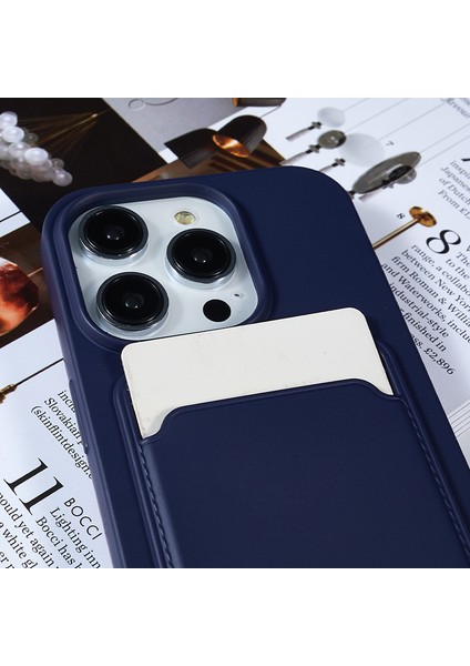 Iphone 14 Pro Drop Anti-Drop Sıvı Silikon Telefon Kapağı Kart Yuvası Strap-Dark Mavi (Yurt Dışından)